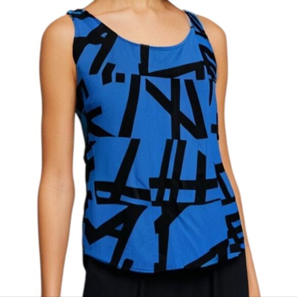 Sandro Paris Blouse Silk Sleeveless Black Blue Abstract Print Open Back Women 4 - Picture 1 of 15